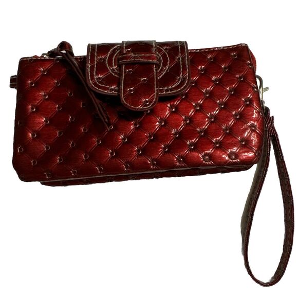 Vintage Y2K Buckle Three Fold Soho Small Keychain Wallet Faux Leather Mirrored - Picture 5 of 13